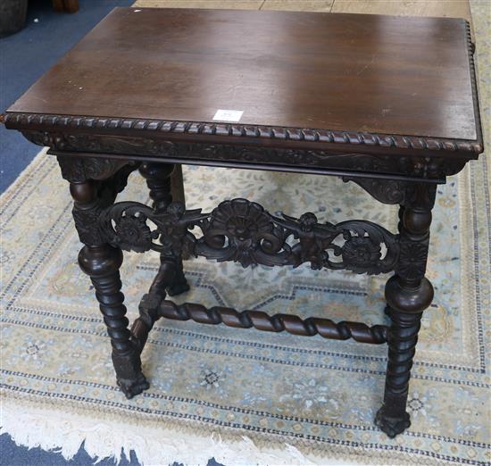 A Flemish style carved walnut side table, with carving matching the throne chair selling as Lot 970 W.75cm